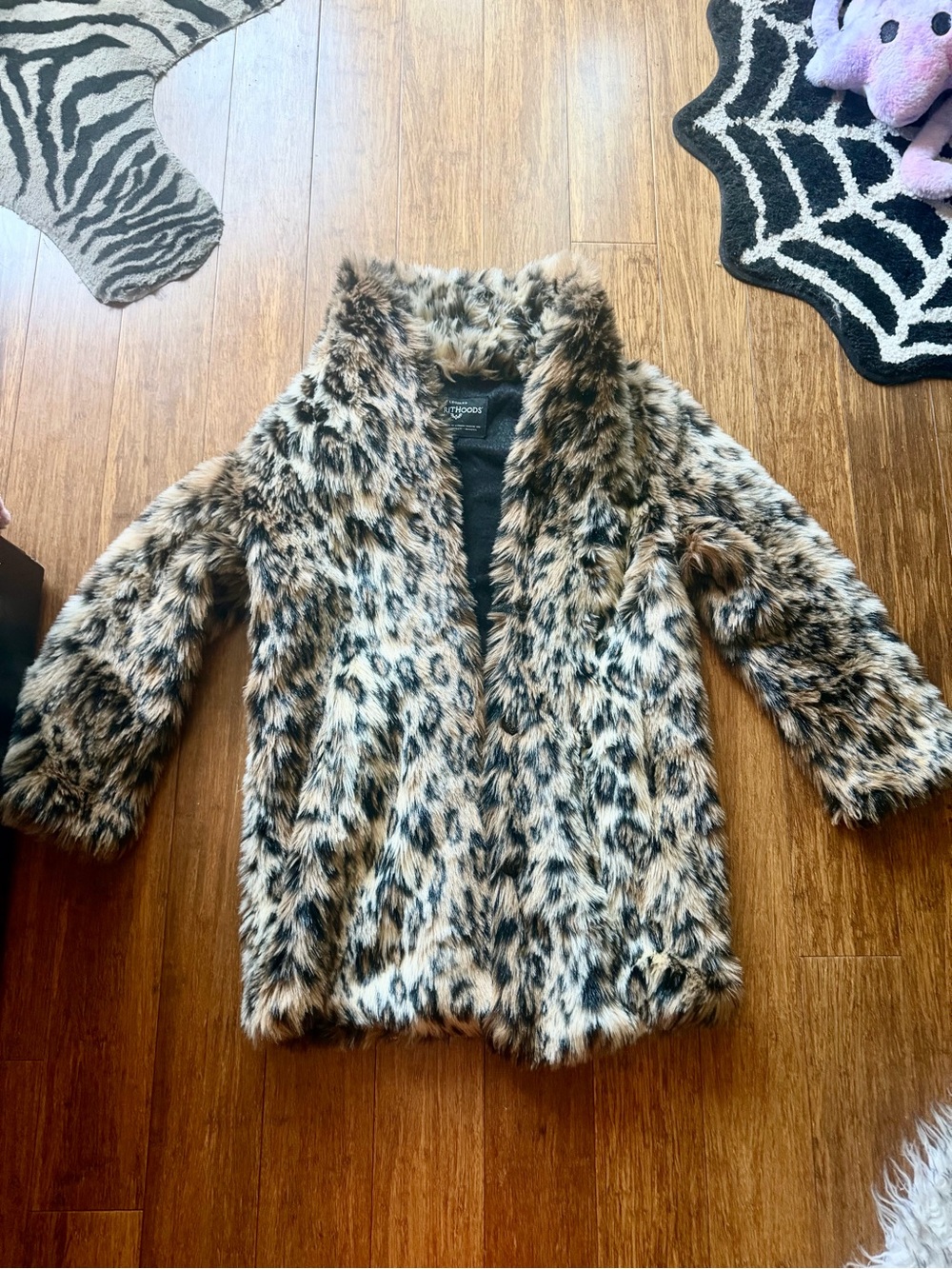 Spirit hoods leopard print faux fur coat burning man festival rave playa fuzzy